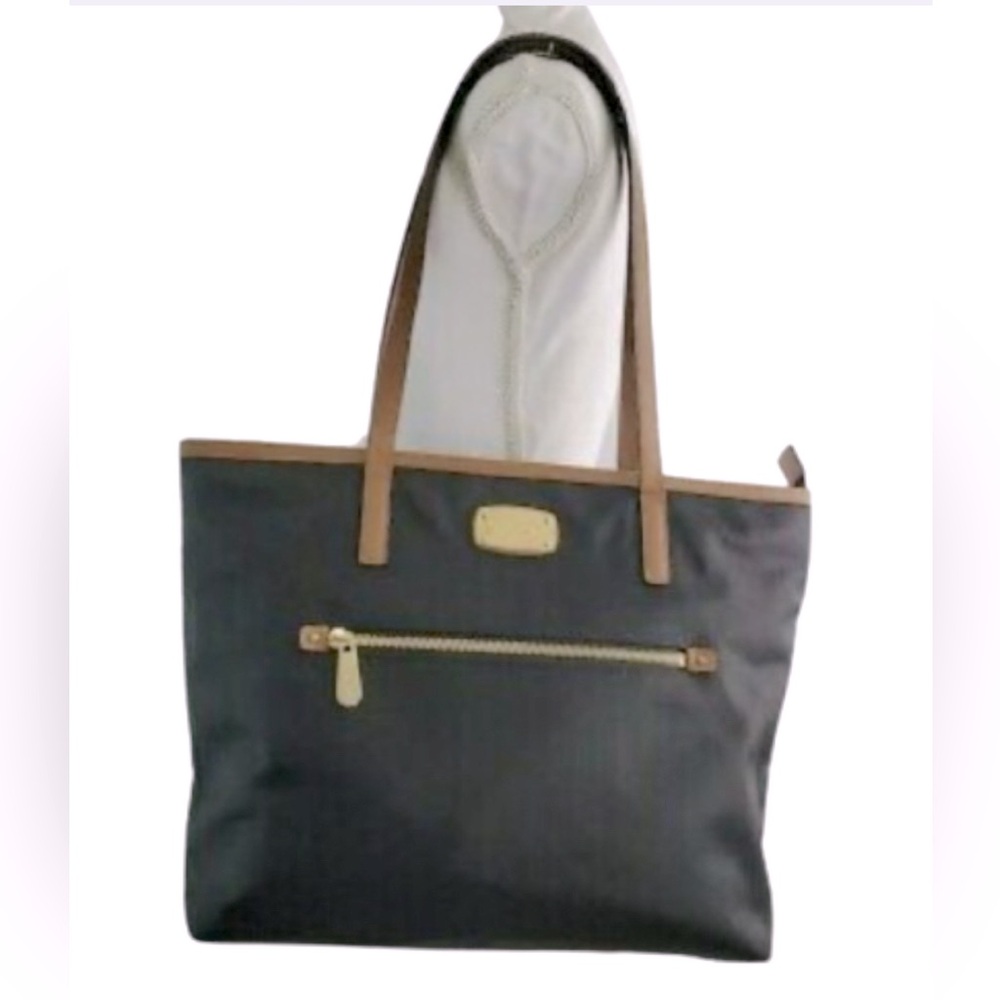 Michael Kors Kempton Black Nylon & Tan Leather Zip Top Tote Bag - Picture 1 of 12